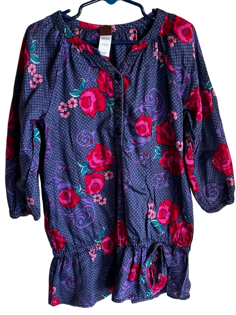 Tea Collection Floral Tunic Top Rose Gathered Drop Waist Size 8